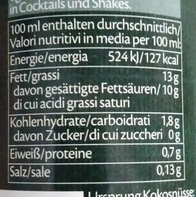 Kokosmilch fettreduziert nutrition facts table