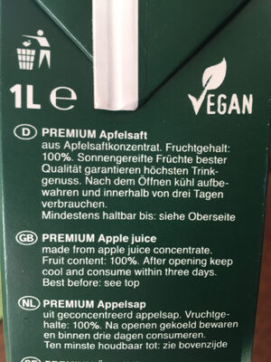 Apfelsaft ingredients label