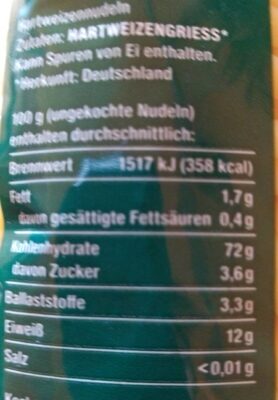 Makkaroni Nudeln nutrition facts table