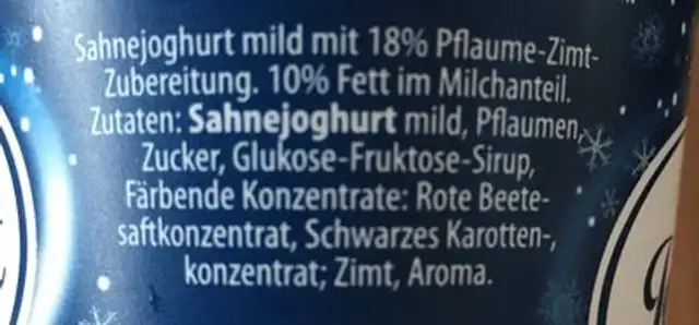 Sahne Joghurt Pflaume - Zimt ingredients label