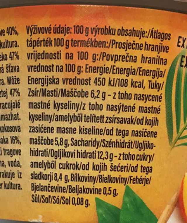 Pure Joy Peach and Passion fruit nutrition facts table