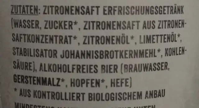 Strandräuber Natur Radler Zitrone Alkoholfrei ingredients label