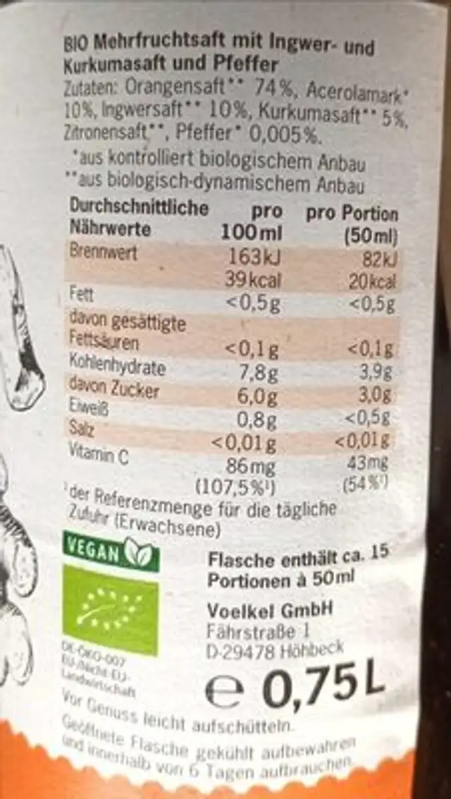 Voelkel Shot Ingwer und Kurluma nutrition facts table