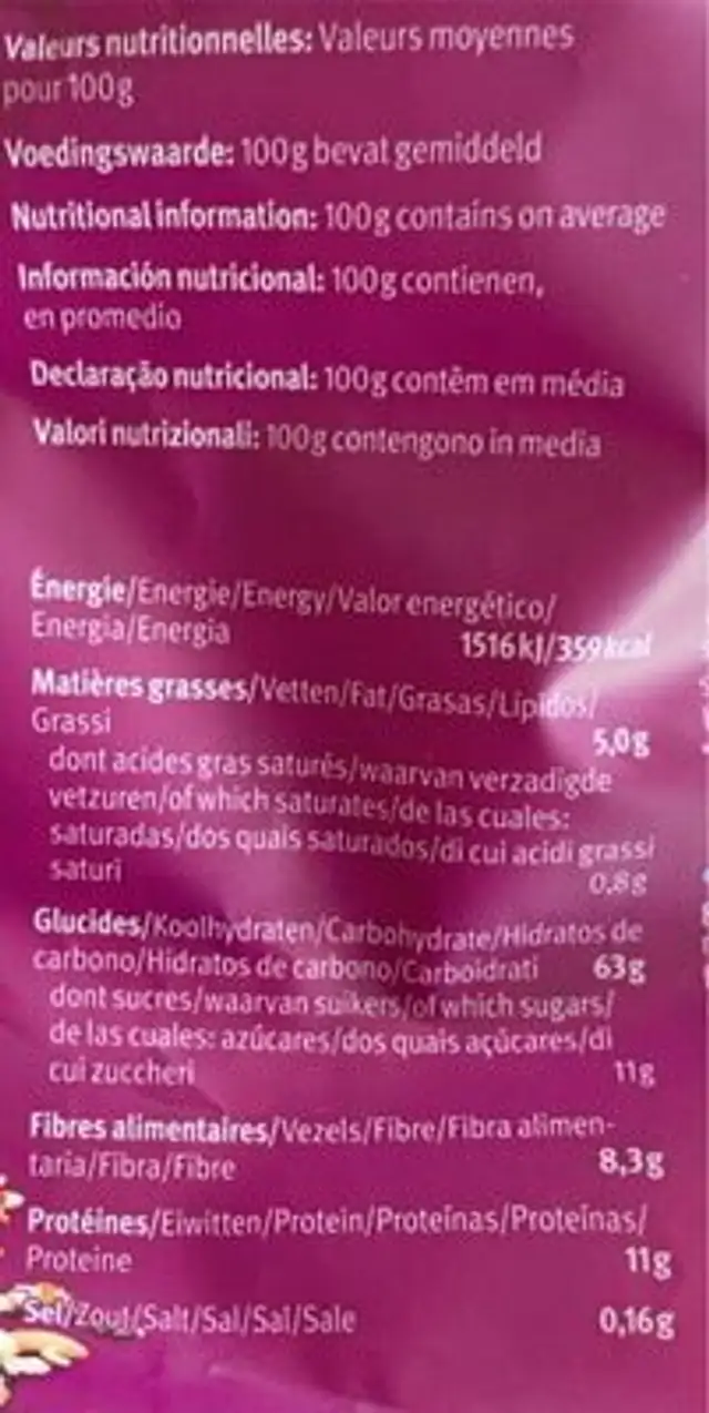 Muesli d’avoine baies nutrition facts table