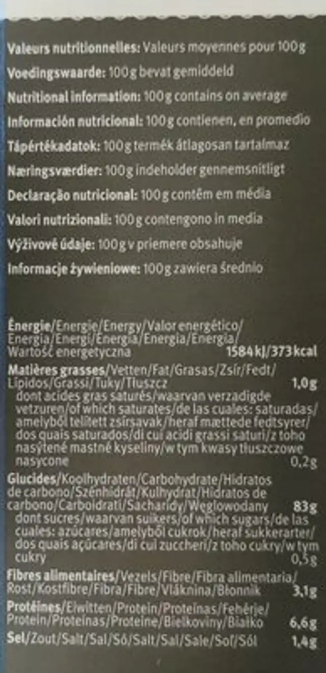 Chapelure de maïs nutrition facts table