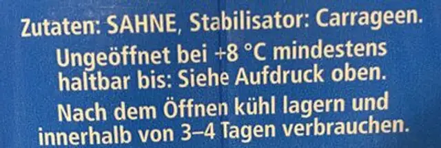 Schlagsahne Frisch ingredients label