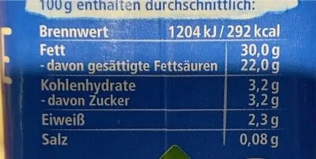 Schlagsahne Frisch nutrition facts table