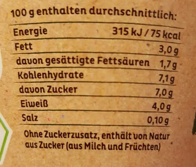 Erdbeerjoghurt nutrition facts table