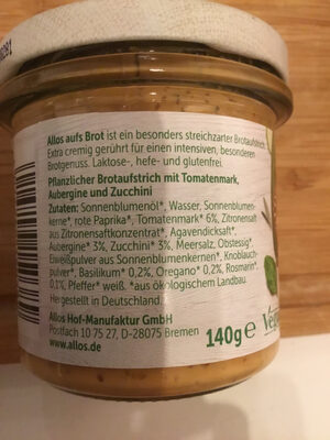 Brotaufstrich Toskana ingredients label