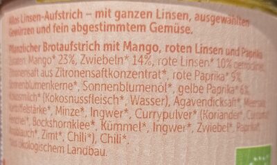 Rote Linse Paprika Mango ingredients label