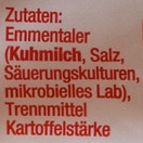 Geriebener Emmentaler ingredients label