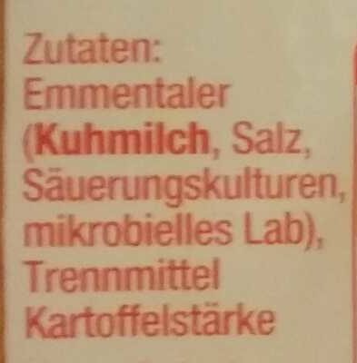 Geriebener Emmentaler aromatisch-nussig ingredients label