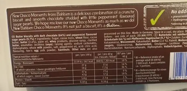 Choco Moments Crunchy Mint nutrition facts table