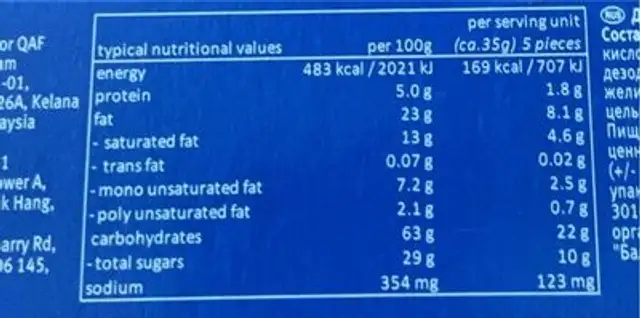 Deloba Blueberry nutrition facts table