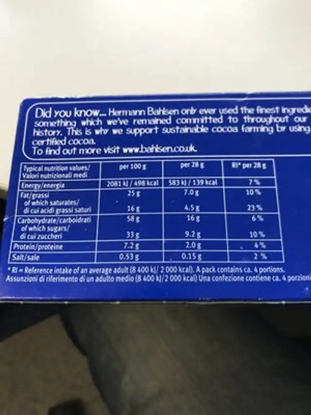 Choco leibniz dark nutrition facts table