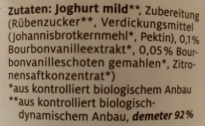 Joghurt mild Vanille ingredients label