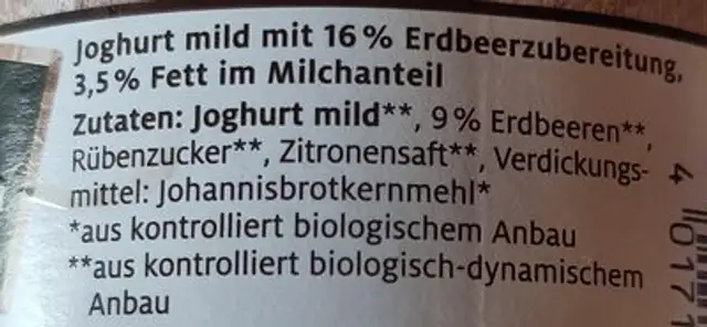 Erdbeer Joghurt ingredients label