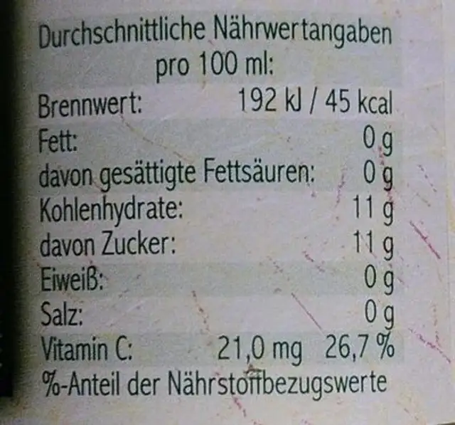 Garten-Limonade Pink Grapefruit nutrition facts table