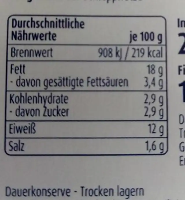 Zarte Heringsfilets Senf-Dill-Creme nutrition facts table
