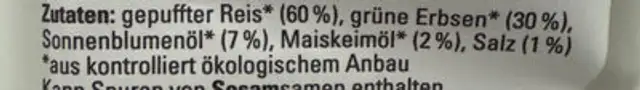Knusperecken Reis-Erbse ingredients label