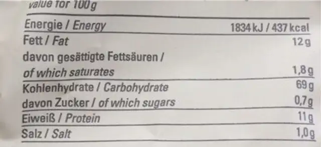 Knusperecken Reis-Erbse nutrition facts table