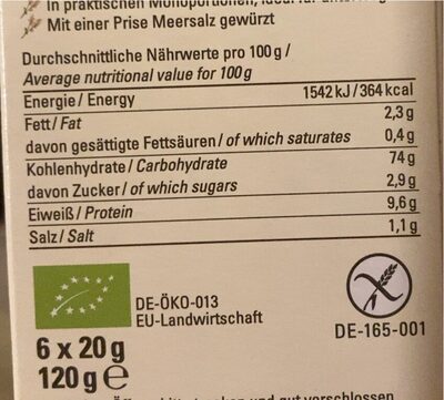 Reis & Buchweizen Knusperbrot nutrition facts table