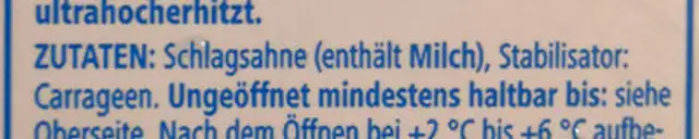 H-Schlagsahne, mindestens 32% Fett, ultrahocherhitzt ingredients label
