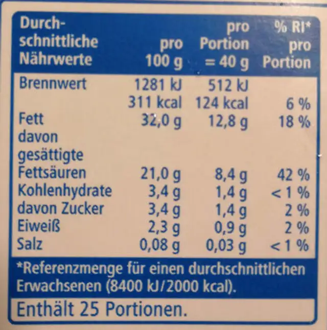 H-Schlagsahne, mindestens 32% Fett, ultrahocherhitzt nutrition facts table