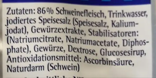 Thüringer Rostbratwurst ingredients label