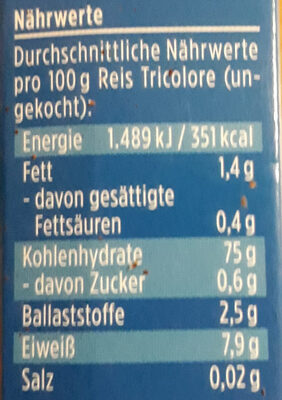 Davert Reis Tricolore mit Wildreis nutrition facts table
