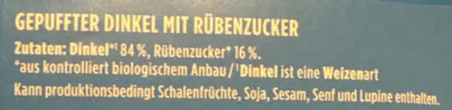Gepuffter Dinkel mit Rübenzucker ingredients label