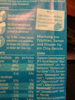 Davert Chia-Cup Himbeere, 42 GR Beutel ingredients label