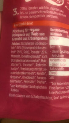 Veggie Bolognese ingredients label