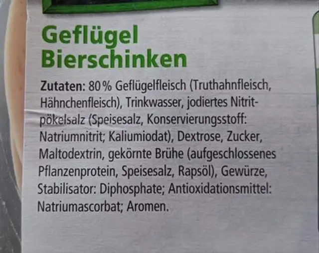 Geflügel-Bierschinken ingredients label