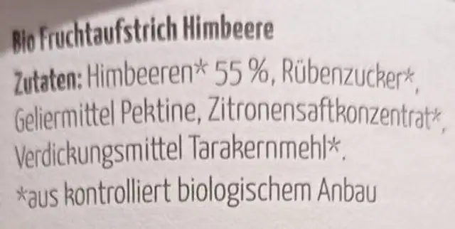 Fein Himbeere ingredients label