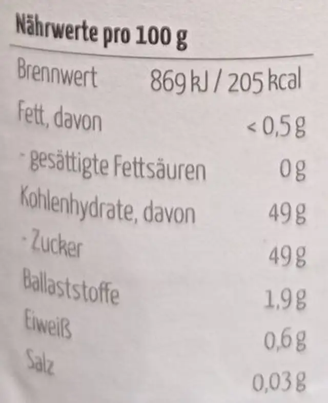 Fein Himbeere nutrition facts table