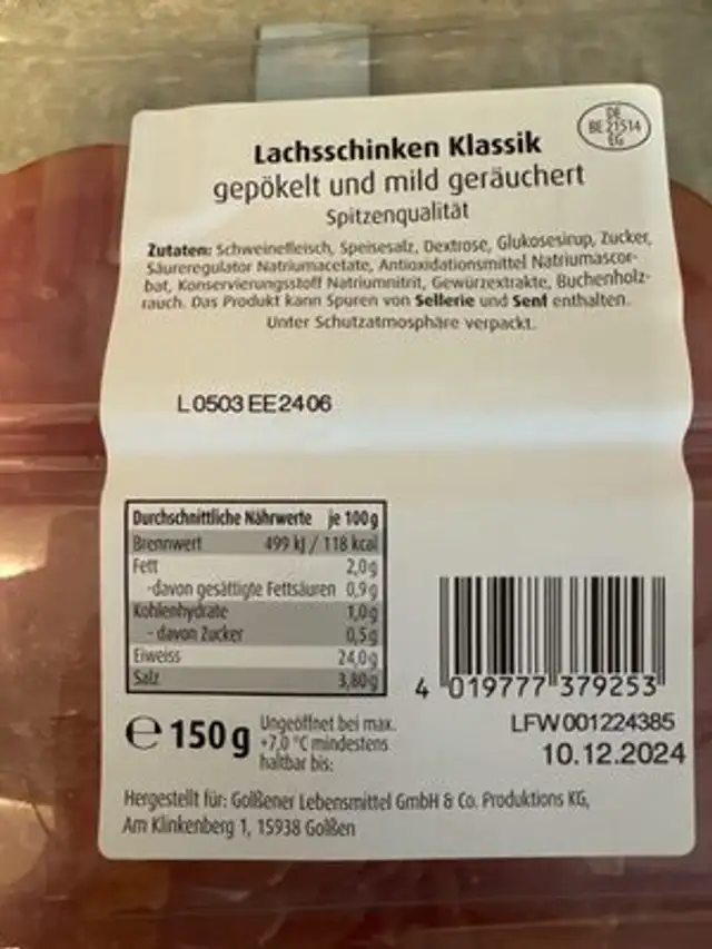 Lachsschinken Klassik nutrition facts table