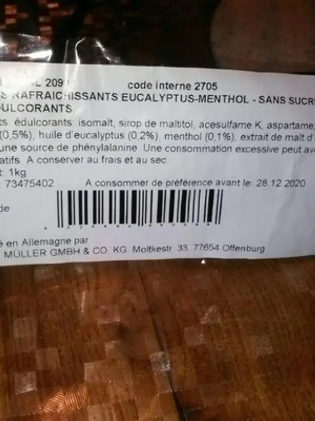 Bonbon eucalyptus menthol sans sucres ingredients label
