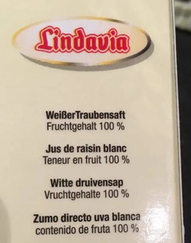 Lindavia Direktsaft, Weisse Traube ingredients label