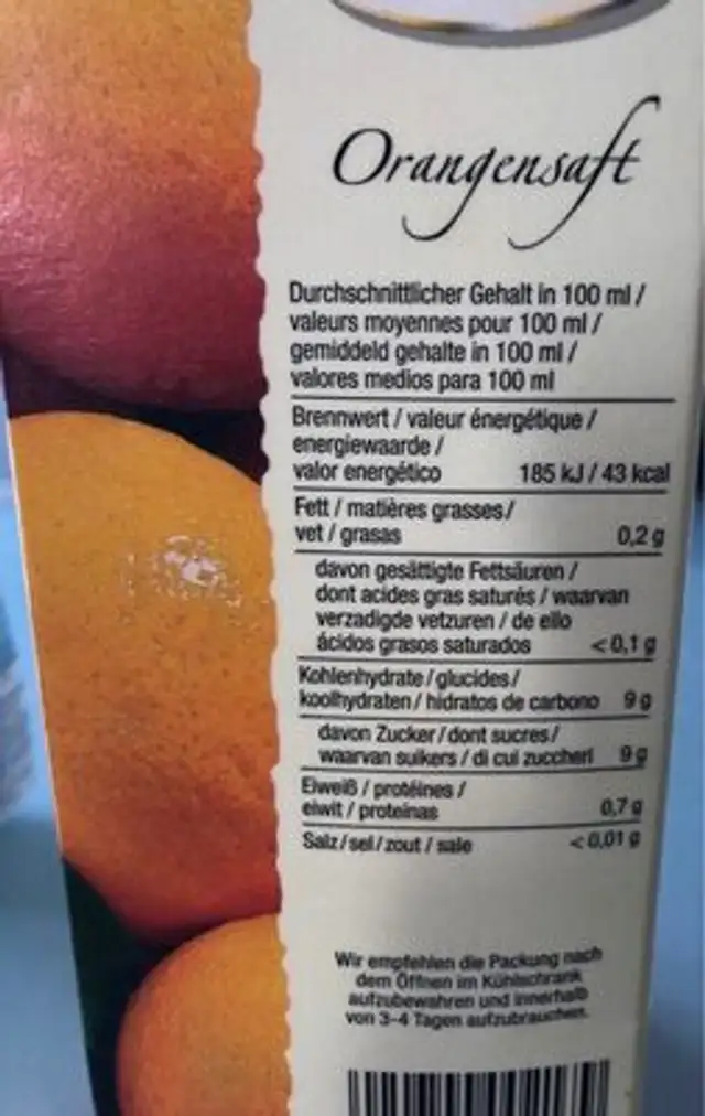 Direktsaft nutrition facts table
