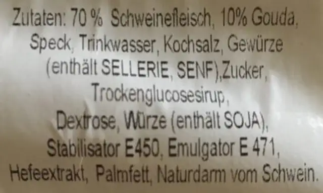 Grillbratwurst farcis au gouda jeune ingredients label