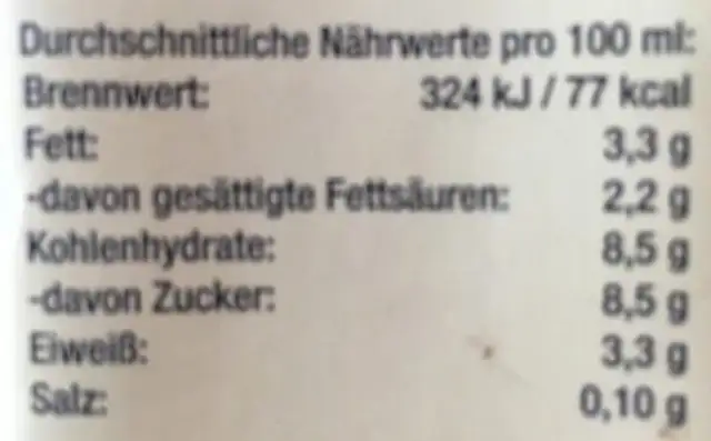 Lait vanille ingredients label