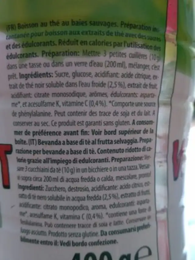 Tee en granulés ingredients label