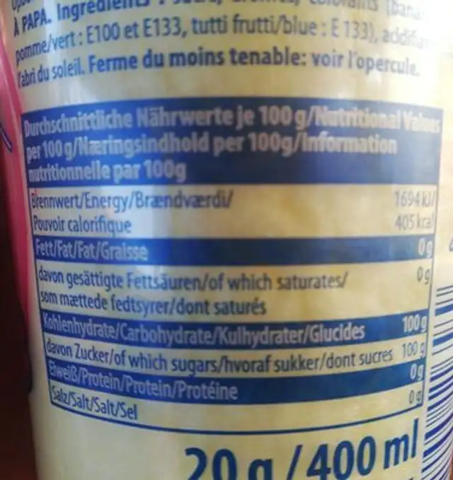 Barbe a papa nutrition facts table