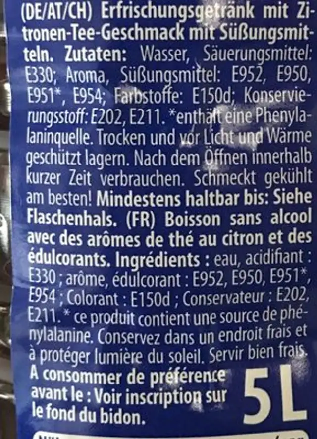 Eistee ingredients label