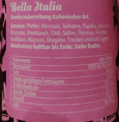 Bella Italia nutrition facts table