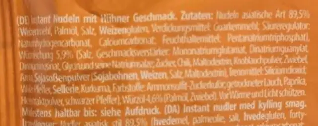 Instant-Nudeln Hühnchen ingredients label