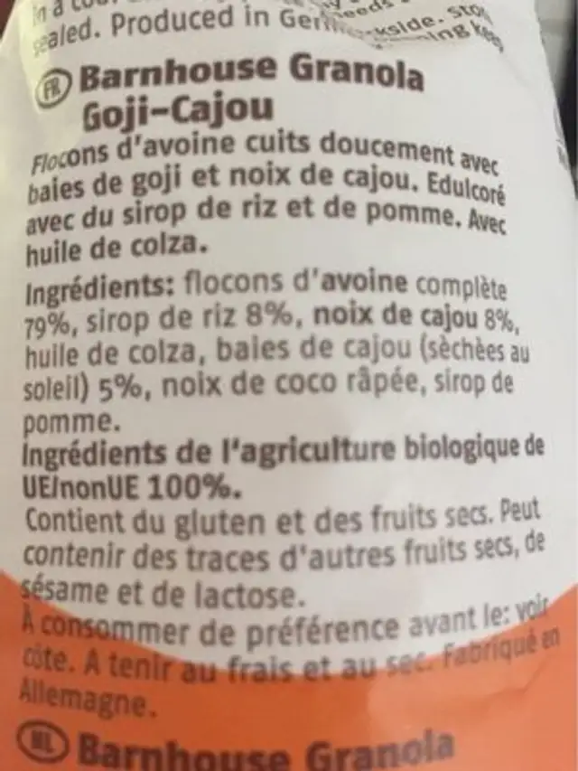 Barnhouse Granola Goji-cashew, 375 GR Packung ingredients label