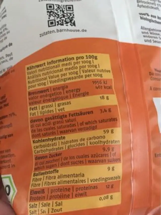 Barnhouse Granola Goji-cashew, 375 GR Packung nutrition facts table