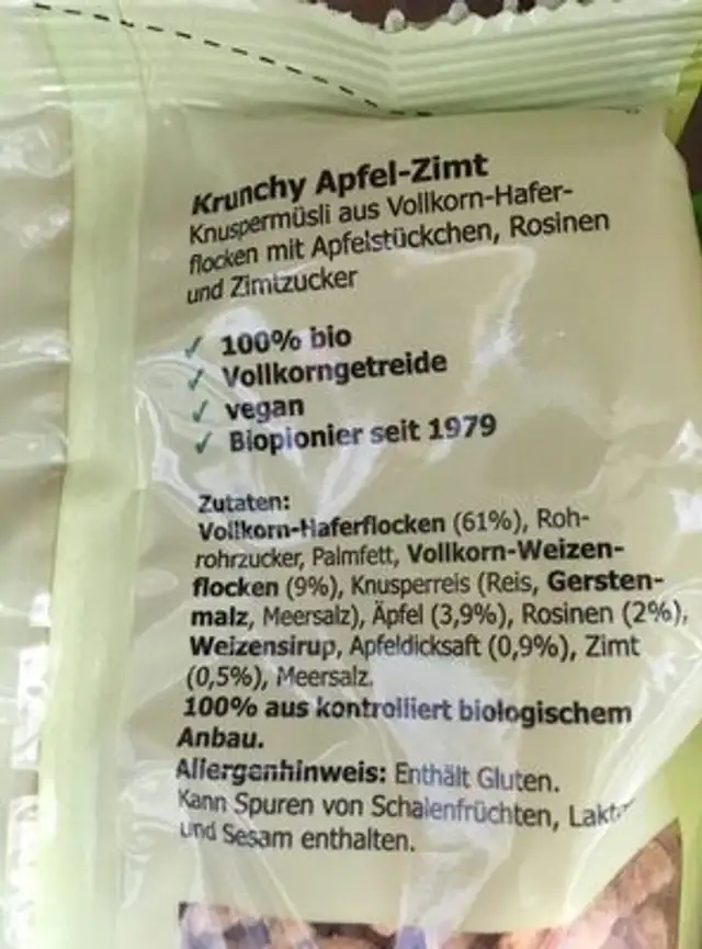 Krunchy Appel-kaneel Barnhouse ingredients label